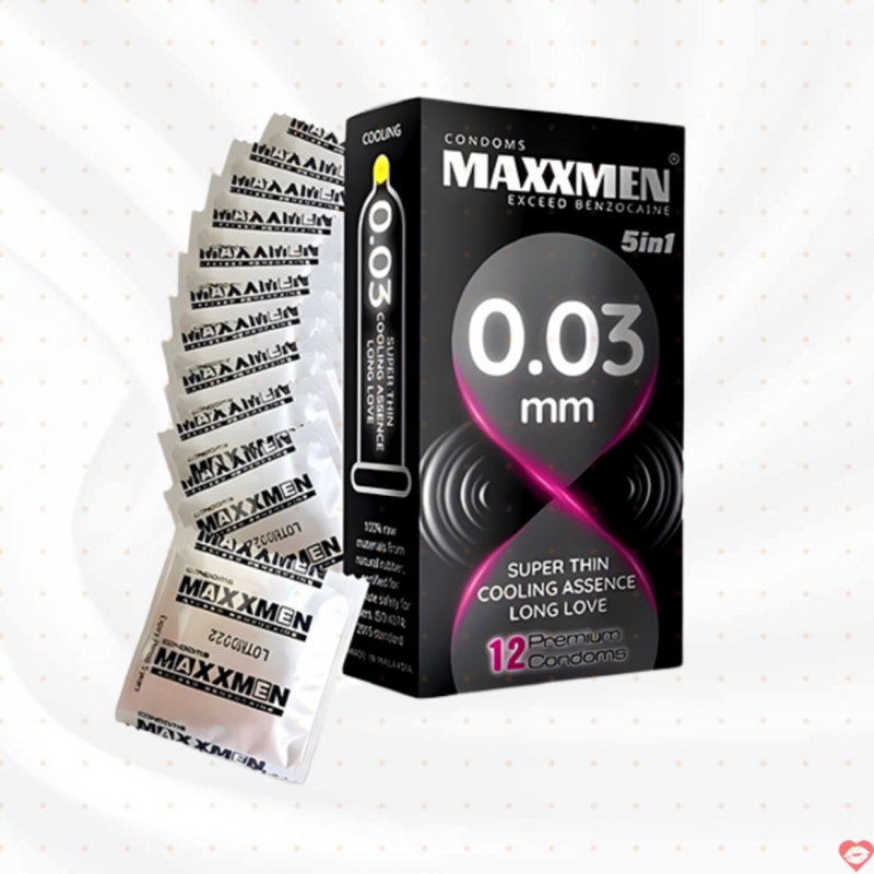 Bao cao su Maxxmen 5in1 0.03mm siêu mỏng kéo dài - Hộp 12c 