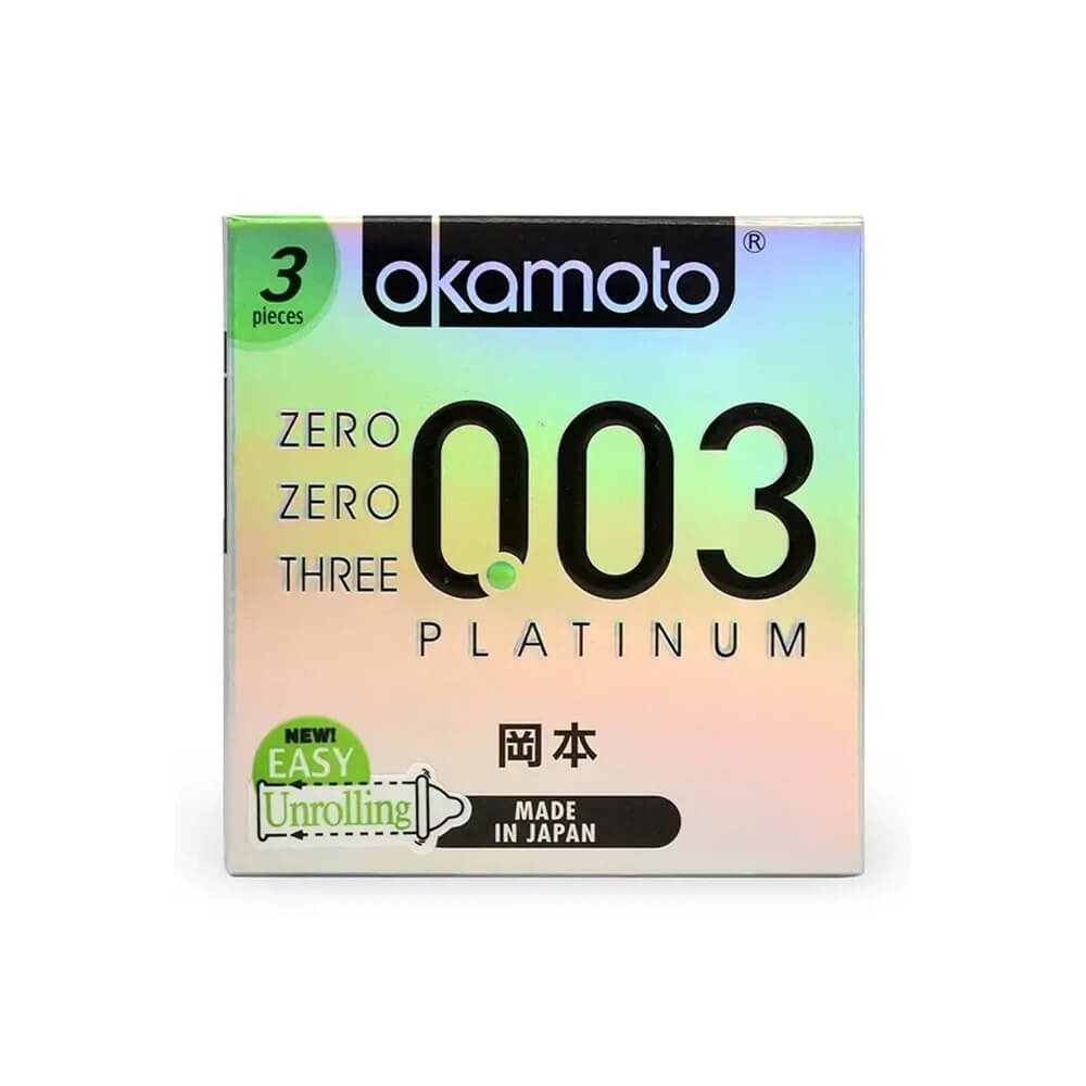Bao cao su Okamoto 0.03 Platinum - Siêu mỏng không mùi - Hộp 3 cái