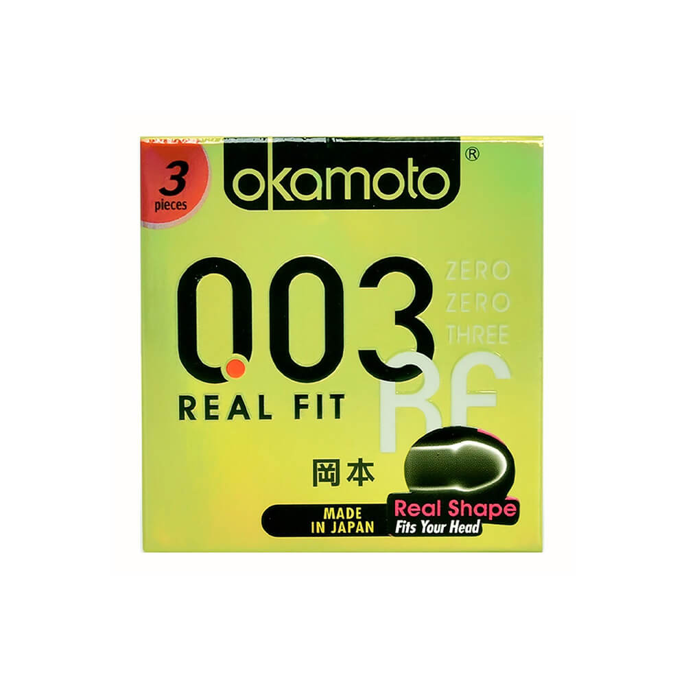 Bao cao su Okamoto 0.03 Real Fit - Siêu mỏng co rút ôm sát - Hộp 3 cái