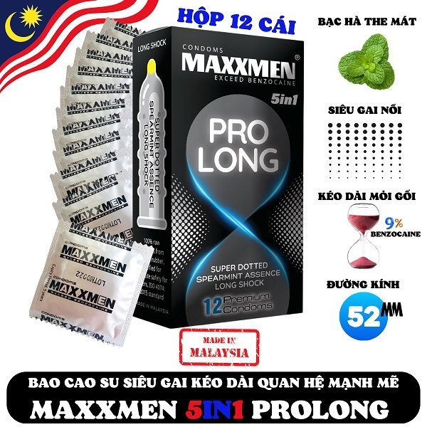 Bao cao su maxman Prolong 5in1 gai gân kéo dài bạc hà.