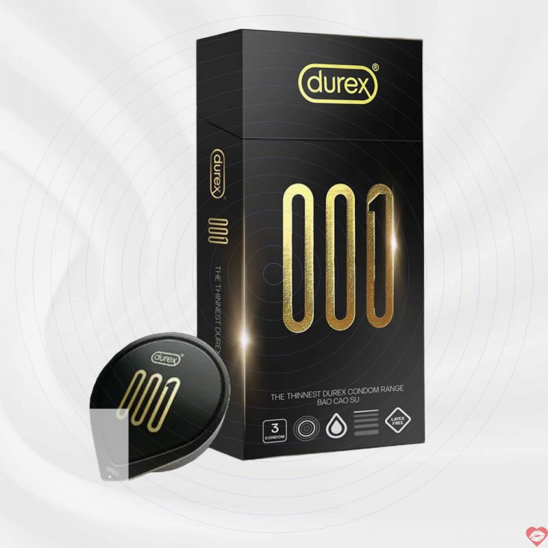 Bao Cao Su Durex 0.01 55mm Siêu Mỏng Tăng Khoái Cảm - Hộp 3 Cái 